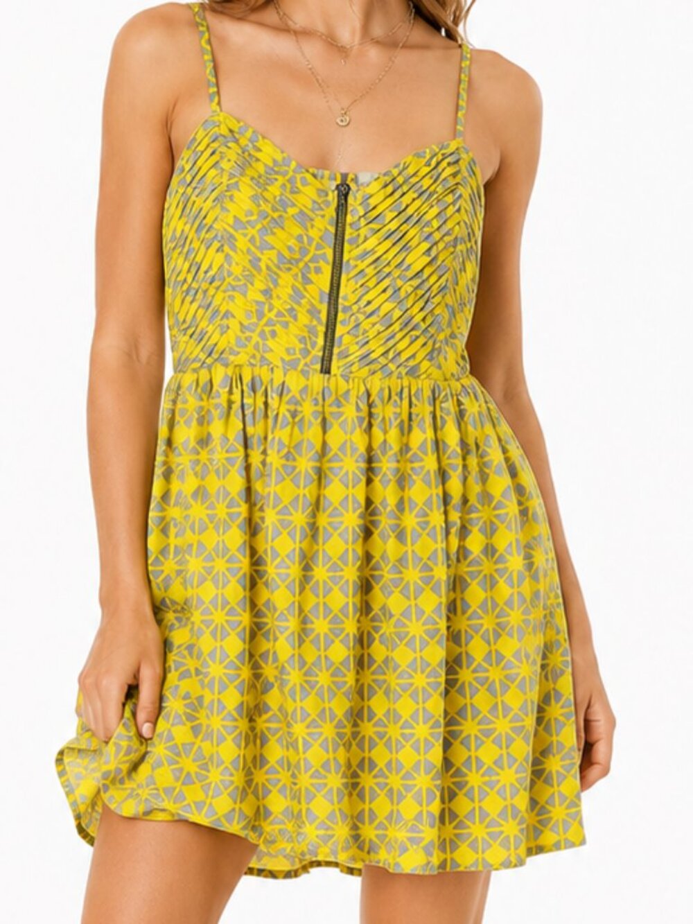 ROXY Shore Thing Yellow Gray Geometric Print Skater Mini Strap Dress Size S NWOT